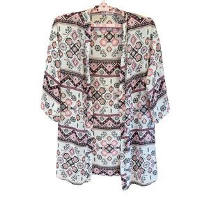 Womens Kimono Cardigan Pink Black White Floral 3/4 Sleeve Duster Boho Size XL